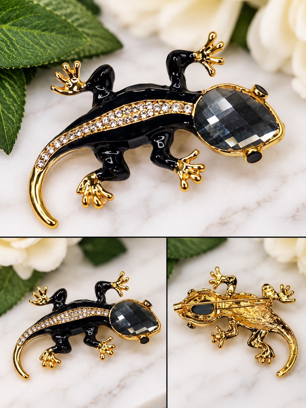 Elegant Black and Gold Lizard Brooch with Faceted Crystal Head